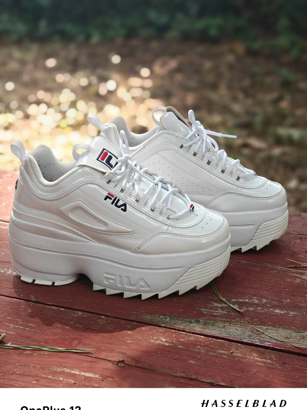 Fila Women's White Platform Disruptor II Sneakers with Navy & Red Accents
